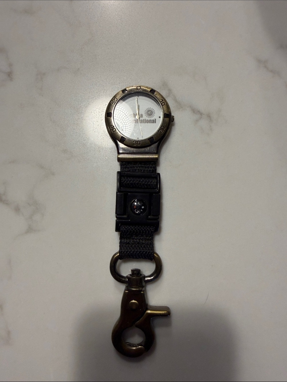 Clip-On Fob Watch with Compass | Black Strap and Antique Gold Hardware